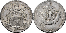 Pio VI (Giannangelo Braschi), 15 febbraio 1775 – 29 agosto 1799. Bologna 

Scudo romano 1795, AR 26,32 g. PIVS VI – PONT MAX Stemma sormontato da tr...