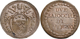 Pio VI (Giannangelo Braschi), 15 febbraio 1775 – 29 agosto 1799. Foligno 

Da 2 baiocchi anno XXI, Cu 19,93 g. PIVS SEXTVS – PONT M A XXI Stemma sor...