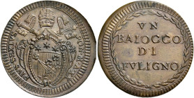 Pio VI (Giannangelo Braschi), 15 febbraio 1775 – 29 agosto 1799. Foligno 

Baiocco anno XX, Cu 9,62 g. PIVS SEXTVS – PON M A XX Stemma sormontato da...