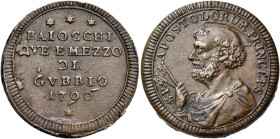 Pio VI (Giannangelo Braschi), 15 febbraio 1775 – 29 agosto 1799. Gubbio 

Sampietrino da 2 baiocchi e mezzo 1796, Cu 17,71 g. * * * / BAIOCCHI / DVE...