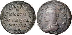 Pio VI (Giannangelo Braschi), 15 febbraio 1775 – 29 agosto 1799. Pergola 

Madonnina da 5 baiocchi anno XXIII/1797, Cu 13,58 g. PIVS PAPA SEXTVS ANN...