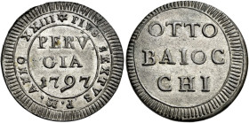 Pio VI (Giannangelo Braschi), 15 febbraio 1775 – 29 agosto 1799. Perugia 

Muraiola da 8 baiocchi anno XXIII/1797, Mist. 5,13 g. PIVS SEXTVS P M ANN...