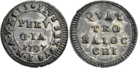 Pio VI (Giannangelo Braschi), 15 febbraio 1775 – 29 agosto 1799. Perugia 

Muraiola da 4 baiocchi anno XXIII/1797, Mist. 2,14 g. PIVS SEXTVS P M A X...
