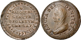 Pio VI (Giannangelo Braschi), 15 febbraio 1775 – 29 agosto 1799. Spoleto 

Madonnina da 5 baiocchi anno XXIII/1797, Cu 16,38 g. PIVS PAPA SEXTVS ANN...