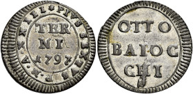 Pio VI (Giannangelo Braschi), 15 febbraio 1775 – 29 agosto 1799. Terni 

Muraiola da 8 baiocchi anno XXIII/1797, Mist. 3,92 g. PIVS SEXTVS P M A XXI...