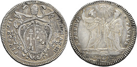Pio VII (Gregorio Luigi Barnaba Chiaramonti), 14 marzo 1800 – 20 agosto 1823. 

Testone anno III/1802 , AR 7,78 g. Pagani 72. Muntoni 13. MIR 3039/1...