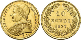 Gregorio XVI (Bartolomeo Alberto detto Mauro Cappellari della Colomba), 2 febbraio 1831 – 1 giugno 1846. 

Da 10 scudi anno VII/1837, AV 17,34 g. Pa...