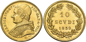 Gregorio XVI (Bartolomeo Alberto detto Mauro Cappellari della Colomba), 2 febbraio 1831 – 1 giugno 1846. 

Da 10 scudi anno VIII/1839, AV 17,34 g. P...