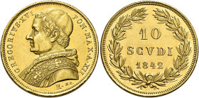 Gregorio XVI (Bartolomeo Alberto detto Mauro Cappellari della Colomba), 2 febbraio 1831 – 1 giugno 1846. 

Da 10 scudi anno XII/1842, AV 17,34 g. Pa...