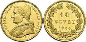 Gregorio XVI (Bartolomeo Alberto detto Mauro Cappellari della Colomba), 2 febbraio 1831 – 1 giugno 1846. 

Da 10 scudi anno XIV/1844, AV 17,35 g. Pa...