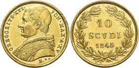 Gregorio XVI (Bartolomeo Alberto detto Mauro Cappellari della Colomba), 2 febbraio 1831 – 1 giugno 1846. 

Da 10 scudi anno XV/1845, AV 17,33 g. Bol...