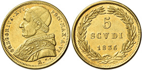 Gregorio XVI (Bartolomeo Alberto detto Mauro Cappellari della Colomba), 2 febbraio 1831 – 1 giugno 1846. 

Da 5 scudi anno VI/1836, AV 8,65 g. Pagan...