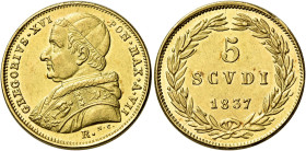 Gregorio XVI (Bartolomeo Alberto detto Mauro Cappellari della Colomba), 2 febbraio 1831 – 1 giugno 1846. 

Da 5 scudi anno VII/1837, AV 8,67 g. Paga...