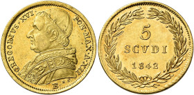 Gregorio XVI (Bartolomeo Alberto detto Mauro Cappellari della Colomba), 2 febbraio 1831 – 1 giugno 1846. 

Da 5 scudi anno XII/1842, AV 8,65 g. Bolo...