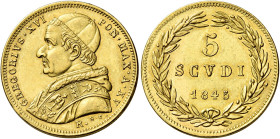 Gregorio XVI (Bartolomeo Alberto detto Mauro Cappellari della Colomba), 2 febbraio 1831 – 1 giugno 1846. 

Da 5 scudi anno XV/1845, AV 8,68 g. Pagan...