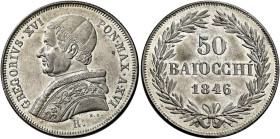 Gregorio XVI (Bartolomeo Alberto detto Mauro Cappellari della Colomba), 2 febbraio 1831 – 1 giugno 1846. 

Da 50 baiocchi anno XVI/1846, AR 13,44 g....