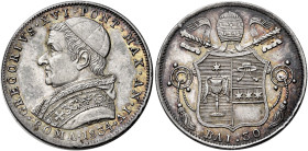 Gregorio XVI (Bartolomeo Alberto detto Mauro Cappellari della Colomba), 2 febbraio 1831 – 1 giugno 1846. 

Da 30 baiocchi anno IV/1834, AR 7,93 g. P...