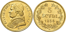 Pio IX (Giovanni Maria Mastai Ferretti), 16 giugno 1846 – 7 febbraio 1878. II periodo, 1849-1866 

Da 5 scudi anno IX/1854, AV 8,65 g. Pagani 352. M...