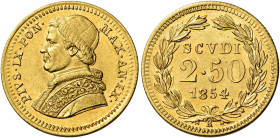 Pio IX (Giovanni Maria Mastai Ferretti), 16 giugno 1846 – 7 febbraio 1878. II periodo, 1849-1866 

Da 2,50 scudi anno IX/1854, AV 4,32 g. Pagani 357...