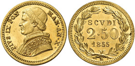 Pio IX (Giovanni Maria Mastai Ferretti), 16 giugno 1846 – 7 febbraio 1878. II periodo, 1849-1866 

Da 2,50 scudi anno X/1855, AV 4,32 g. Pagani 359....