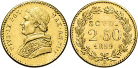Pio IX (Giovanni Maria Mastai Ferretti), 16 giugno 1846 – 7 febbraio 1878. II periodo, 1849-1866 

Da 2,50 scudi anno XIII/1859, AV 4,33 g. Bologna....
