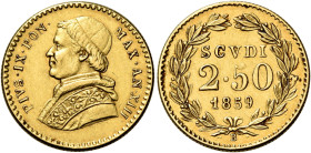Pio IX (Giovanni Maria Mastai Ferretti), 16 giugno 1846 – 7 febbraio 1878. II periodo, 1849-1866 

Da 2,50 scudi anno XIII/1859, AV 4,31 g. Bologna....
