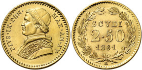 Pio IX (Giovanni Maria Mastai Ferretti), 16 giugno 1846 – 7 febbraio 1878. II periodo, 1849-1866 

Da 2,50 scudi anno XV/1861, AV 4,32 g. Pagani 371...