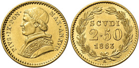 Pio IX (Giovanni Maria Mastai Ferretti), 16 giugno 1846 – 7 febbraio 1878. II periodo, 1849-1866 

Da 2,50 scudi anno XVII/1863, AV 4,30 g. Pagani 3...