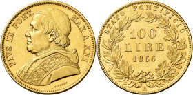 Pio IX (Giovanni Maria Mastai Ferretti), 16 giugno 1846 – 7 febbraio 1878. III periodo: monetazione decimale, 1866-1870 

Da 100 lire XXI/1866, AV 3...