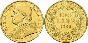 Pio IX (Giovanni Maria Mastai Ferretti), 16 giugno 1846 – 7 febbraio 1878. III periodo: monetazione decimale, 1866-1870

Da 100 lire anno XXIV/1869,...