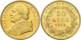 Pio IX (Giovanni Maria Mastai Ferretti), 16 giugno 1846 – 7 febbraio 1878. III periodo: monetazione decimale, 1866-1870 

Da 50 lire anno XXII/1868,...