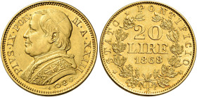Pio IX (Giovanni Maria Mastai Ferretti), 16 giugno 1846 – 7 febbraio 1878. III periodo: monetazione decimale, 1866-1870 

Da 20 lire anno XXIII/1868...