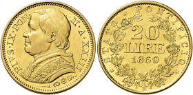 Pio IX (Giovanni Maria Mastai Ferretti), 16 giugno 1846 – 7 febbraio 1878. III periodo: monetazione decimale, 1866-1870 

Da 20 lire anno XXIII/1869...