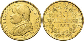 Pio IX (Giovanni Maria Mastai Ferretti), 16 giugno 1846 – 7 febbraio 1878. III periodo: monetazione decimale, 1866-1870 

Da 20 lire anno XXIV/1869,...