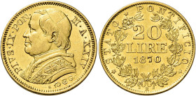 Pio IX (Giovanni Maria Mastai Ferretti), 16 giugno 1846 – 7 febbraio 1878. III periodo: monetazione decimale, 1866-1870 

Da 20 lire anno XXIV/1870,...