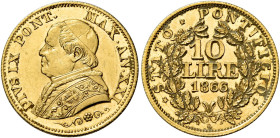 Pio IX (Giovanni Maria Mastai Ferretti), 16 giugno 1846 – 7 febbraio 1878. III periodo: monetazione decimale, 1866-1870 

Da 10 lire anno XXI/1866, ...