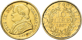Pio IX (Giovanni Maria Mastai Ferretti), 16 giugno 1846 – 7 febbraio 1878. III periodo: monetazione decimale, 1866-1870 

Da 10 lire anno XXII/1867,...