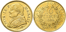 Pio IX (Giovanni Maria Mastai Ferretti), 16 giugno 1846 – 7 febbraio 1878. III periodo: monetazione decimale, 1866-1870 

Da 10 lire anno XXIV/1869,...