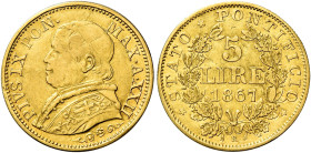 Pio IX (Giovanni Maria Mastai Ferretti), 16 giugno 1846 – 7 febbraio 1878. III periodo: monetazione decimale, 1866-1870 

Da 5 lire anno XXII/1867, ...