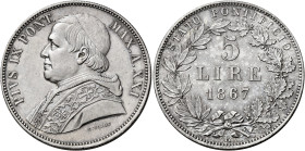 Pio IX (Giovanni Maria Mastai Ferretti), 16 giugno 1846 – 7 febbraio 1878. III periodo: monetazione decimale, 1866-1870 

Da 5 lire anno XXI/1867, A...