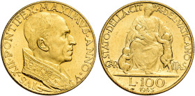 Pio XII (Eugenio Pacelli), 2 marzo 1939 – 9 ottobre 1958. 

Da 100 lire anno V/1943. Pagani 709. Friedberg 287. Molto rara. q.Fdc