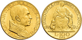 Pio XII (Eugenio Pacelli), 2 marzo 1939 – 9 ottobre 1958. 

Da 100 lire anno VI/1944. Pagani 710. Friedberg 287. Molto rara. q.Fdc