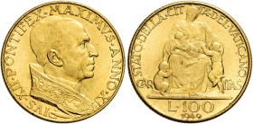 Pio XII (Eugenio Pacelli), 2 marzo 1939 – 9 ottobre 1958. 

Da 100 lire anno XI/1949. Pagani 715. Friedberg 288a. Molto rara. q.Fdc