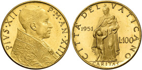 Pio XII (Eugenio Pacelli), 2 marzo 1939 – 9 ottobre 1958. 

Da 100 lire anno XIII/1951. Pagani 717. Friedberg 290. Molto rara. Fdc