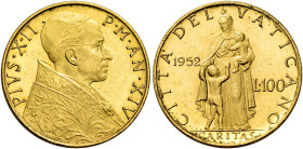 Pio XII (Eugenio Pacelli), 2 marzo 1939 – 9 ottobre 1958. 

Da 100 lire anno XIV/1952. Pagani 718. Friedberg 290. Molto rara. Fdc
