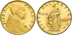 Pio XII (Eugenio Pacelli), 2 marzo 1939 – 9 ottobre 1958. 

Da 100 lire anno XV/1953. Pagani 719. Friedberg 290. Molto rara. q.Fdc