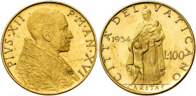Pio XII (Eugenio Pacelli), 2 marzo 1939 – 9 ottobre 1958. 

Da 100 lire anno XVI/1954. Pagani 720. Friedberg 290. Molto rara. q.Fdc