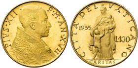 Pio XII (Eugenio Pacelli), 2 marzo 1939 – 9 ottobre 1958. 

Da 100 lire anno XVII /1955. Pagani 721. Friedberg 290. Molto rara. q.Fdc