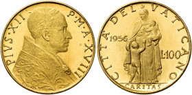 Pio XII (Eugenio Pacelli), 2 marzo 1939 – 9 ottobre 1958. 

Da 100 lire anno XVIII/1956. Pagani 722. Friedberg 290. Molto rara. Fdc
