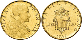 Pio XII (Eugenio Pacelli), 2 marzo 1939 – 9 ottobre 1958. 

Da 100 lire anno XIX/1957. Pagani 723. Friedberg 291. Migliore di Spl